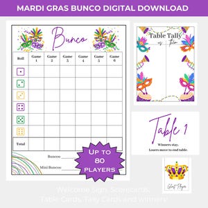 Mardi Gras BUNCO Printable Bundle - Score Cards - Tally Sheets - Table Cards - Prize Cards - Game night printable - Beads - Party Idea