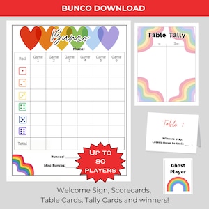 Paquete imprimible Rainbow Pride BUNCO: tarjetas de puntuación, hojas de conteo, tarjetas de mesa, tarjetas de premio, imprimible para la noche de juegos, juego de dados