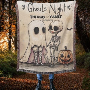 Ghouls Night: Personalized Wedding Anniversary Ghost Skull Halloween Woven Blanket, Custom Ghost Boo Blanket, Cottagecore Decor