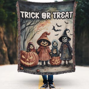 Halloween Woven Blanket: Spooky Season Pumpkin, Skull, Cottagecore Decor