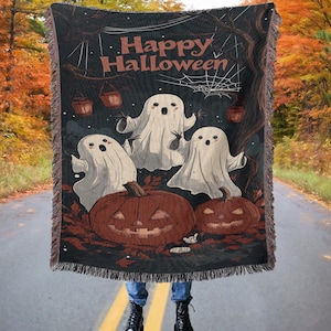 Vintage Halloween Woven Blanket: Spooky Pumpkin, Ghost, Cottagecore Decor