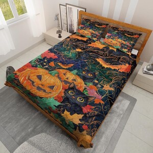 Halloween Black Cat Pumpkin Bedding Set, Spooky Fall Comforter Set, Autumn Quilt, Gothic Halloween Duvet Cover, Cat Lover Gift