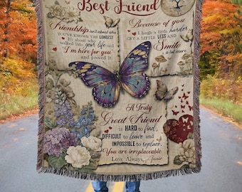 Beste vriend deken cadeau, gepersonaliseerde vriendschap plaid, vlinder bloemen deken, cadeau beste vriend, verjaardagscadeau voor haar, gezellige aandenken