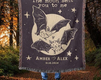 Personalisierte Hochzeit Jahrestag Fledermaus Paar Weihnachten gewebte Decke, Custom Der Mond Sent Sie mir Decke, Hochzeit Cottagecore Dekor