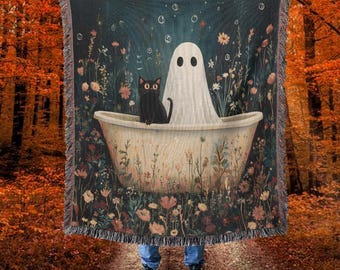 Halloween Woven Blanket: Vintage Ghost, Black Cat, Cottagecore Decor