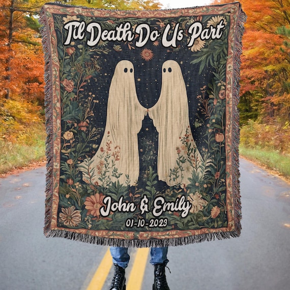 Personalized Wedding Anniversary Ghosts Halloween Woven Blanket, Custom Couple Ghosts Blanket, Halloween Cottagecore Dark Academia Decor