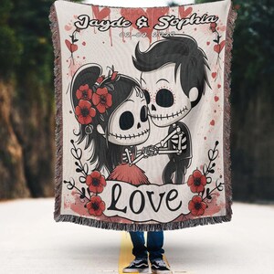 Personalized Wedding Anniversary Woven Blanket: Cartoon Skeletons, Sugar Skull Decor