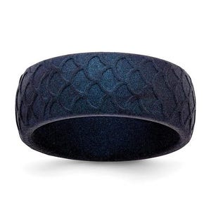 May include: A dark blue ring with a textured, scale-like pattern. The ring has a wide band and a matte finish. The design is reminiscent of dragon scales. The ring is made of a flexible material.