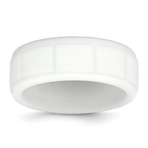 May include: A white, wide band ring with a rectangular pattern around the top. The ring is made of a solid, opaque material and has a smooth, rounded interior. The ring is a simple, modern design.