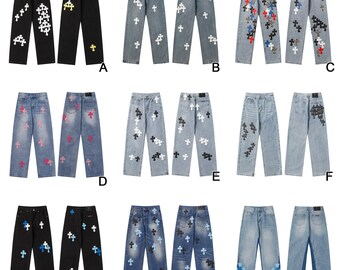 Strassenmode Jeans, CH Punk Jeans, Lederkreuz Freizeitjeans