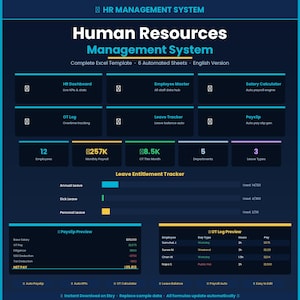 May include: A digital Human Resources Management System Excel template featuring a dark blue interface with light blue and yellow accents. It includes an HR dashboard, employee master, salary calculator, OT log, leave tracker, and payslip generator.
