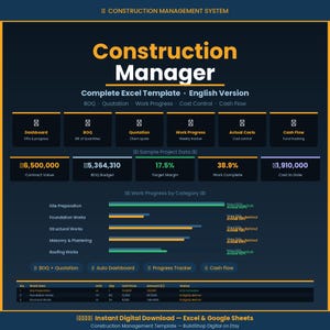 May include: A dark blue digital dashboard template titled Construction Manager, featuring sections for BOQ, Quotation, Work Progress, Cost Control, and Cash Flow. It displays sample project data, bar charts for work progress by category, and a table.