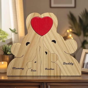 Personalized Elephant Family Puzzle, Custom Wooden Family Sculpture, Custom Mother&#39;s Day gift, Wooden Animal Puzzle, Family Home Decoration
