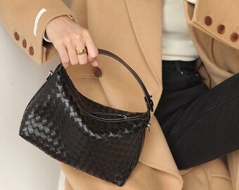 Leather Woven Handbag, Woven Shoulder Bag, Minimalist Leather Bag