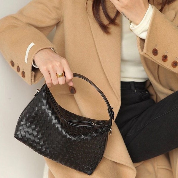 Leather Woven Handbag, Woven Shoulder Bag, Minimalist Leather Bag