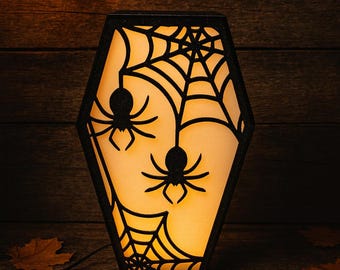 Decoración de Halloween | Lámpara LED con diseño de ataúd | LightBox | Calabaza, fantasma, bruja, araña | Regalo decorativo iluminado para fanáticos del terror