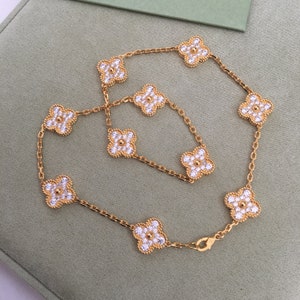 Authentic Van Cleef Vintage ALHAMBRA 5 Motif 18k Rose Gold Diamond Necklace Four Leaf Clover jewelry necklace