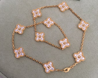 Authentic Van Cleef Vintage ALHAMBRA 5 Motif 18k Rose Gold Diamond Necklace Four Leaf Clover jewelry necklace