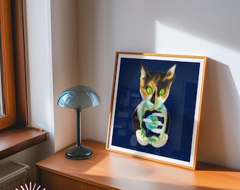 Lámina artística de gato surrealista sosteniendo la Tierra | Póster felino cósmico psicodélico | Arte mural de animales espaciales | Ilustración de gato místico | Decoración atrevida