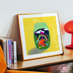 Trippy Pilzglas Kunstdruck | Psychedelische Raumdekoration | Farbenfrohe surreale Wandkunst | Wunderliches Fantasy-Poster | Regenbogen-Natur-Illustration