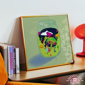 Impresión artística de terrario psicodélico, tarro de hongos, arte de pared para decoración ecléctica del hogar, impresión surrealista de fantasía, póster de habitación de naturaleza psicodélica, arte hecho por humanos