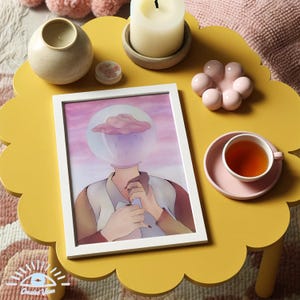 Arte mural imprimible "Cabeza en las nubes": retrato femenino surrealista, arte digital pastel de ensueño para descarga instantánea, decoración emotiva para la habitación.