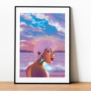 ballena en las nubes, impresión artística de retrato, retrato de niña negra, impresión A3 y A4, decoración del hogar caprichosa, pintura surrealista, póster de arte surrealista
