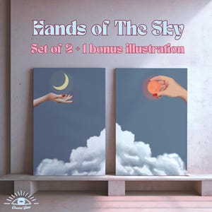 Può includere: Due stampe artistiche incorniciate con un tema surreale. Una mostra una mano che tiene una luna crescente, l'altra una mano che tiene un sole. Entrambe sono ambientate su un cielo blu con nuvole. Il testo "Hands of The Sky" è in alto.