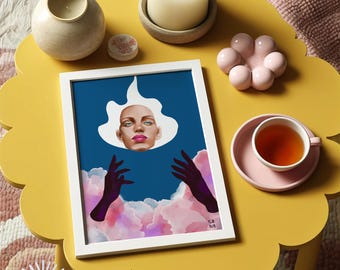 Surreal Digital Wall Art, Mystical Woman in Clouds Print, Cosmic Face Illustration Download, Dreamy Feminine Artwork for Modern Decor