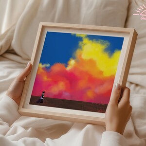 Colorful Cloud Wall Art – Digital Square Print with Sunset Sky and Cat Silhouette, Bold Dreamy Downloadable Poster