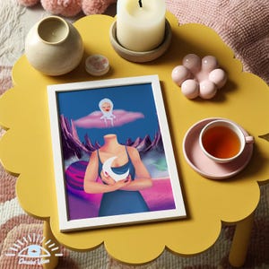 Può includere: Una stampa artistica incorniciata con un'illustrazione surreale di una figura che tiene una luna crescente, ambientata su un cielo blu e un paesaggio rosa. L'immagine è su un tavolo giallo con una candela, una tazza da tè e oggetti decorativi.