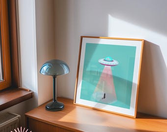 Surrealistische kattenontvoering in pastel en dopamine als wanddecoratie - speelse digitale print, dromerige UFO-poster voor moderne decoratie, cadeau voor buitenaardse dierenliefhebbers