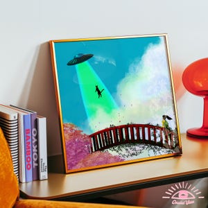 Alien Cat Abduction Wall Art Print | Surreal Fantasy Cat Illustration | Dreamcore UFO Poster | Whimsical Pastel Room Decor