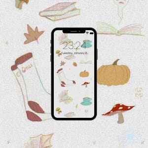 Può includere: Uno smartphone mostra uno sfondo a tema autunnale con illustrazioni di una zucca, funghi, foglie, libri e una tazza di tè. L'ora è 23:24 e la data è martedì 11 gennaio. Lo sfondo presenta un motivo ripetuto di libri, foglie e una calza.