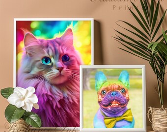 Impression numérique chat et chien et maquette PSD, art mural coloré, téléchargement d'impressions numériques, impression murale téléchargement numérique, décoration d'intérieur, art imprimable.