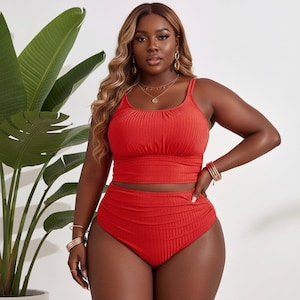 Plus Size Ribbed High Waisted Bikini – Tummy Control Ruched Swimwear