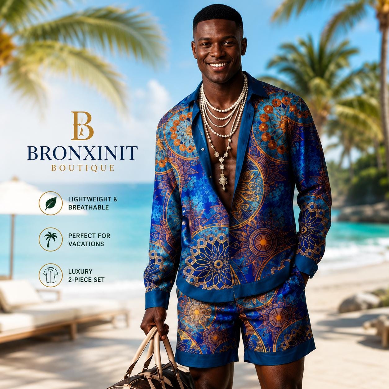 Men's Blue Gold Mandala Tropical Vacation Shorts Set - Luxury 2-Piece Resort Outfit