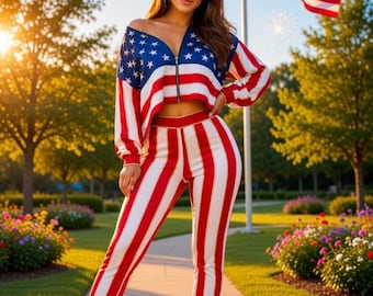 American Flag Crop Top and Leggings Set – Activewear Two-Piece Outfit