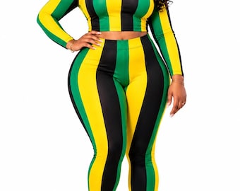 Jamaica Stripe Two-Piece Set | Black Green Gold Leggings & Crop Top