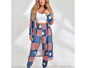 USA Flag Print Lounge Set | Women's Two-Piece Outfit, Red White Blue Leggings Duster