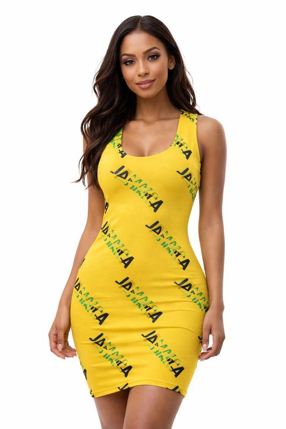jamaican bodycon dress Sleeveless Yellow Jamaica Print Sundress Size:S 0/2 inspired all Colour: RASPBERRY Swatch - Chiffon in