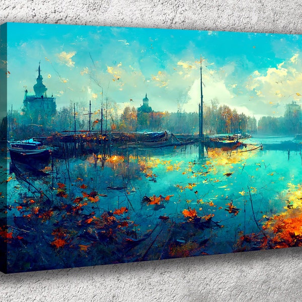 Painting on canvas,Autumn landscape,Fog over the city,Wharf,Wall Decor, Art,Modern Canvas Decor,Colorful Canvas,