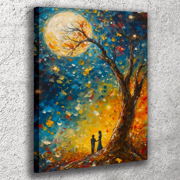 Painting on canvas,Moon,Night,Couple under the moon,Young couple by a tree,Love,Wall Decor,Canvas Art,Modern Canvas Decor,ColorfulCanvas
