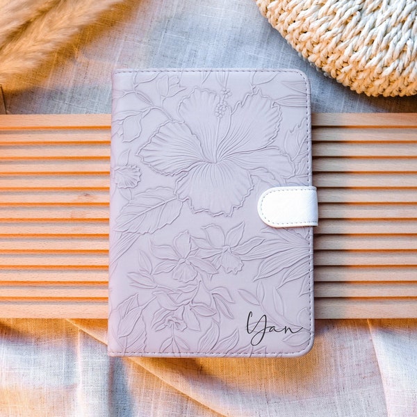Étui pour iPad fait main en cuir avec fleurs violettes en relief, housse florale personnalisée pour iPad, cadeau pour Air 11 pouces, Pro 13 pouces 2024, iPad 10e, Mini 6-7