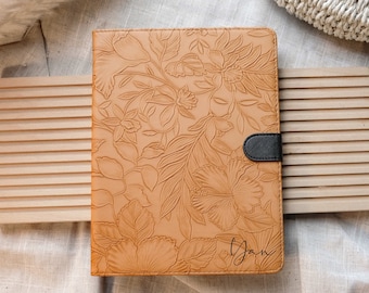Retro Brown Embossed Flower Personalized Leather iPad Case, iPad Cover for Air 11” 13”, Pro 11” 13” 2024, iPad 10th 11th Gen, iPad Mini 6 7