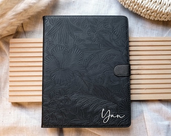 Black Embossed Flower Personalized Leather iPad Case,Retro Floral iPad Cover for Air 11” 13”, Pro 11” 13” 2024, iPad 10th Gen, iPad Mini 6 7