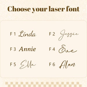 May include: A graphic showing six different font styles for laser engraving. The fonts are labelled F1 through F6 and are named Linda, Jessie, Annie, Eve, Ella, and Alan.