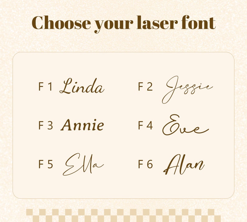 May include: A graphic showing six different font styles for laser engraving. The fonts are labelled F1 through F6 and are named Linda, Jessie, Annie, Eve, Ella, and Alan.