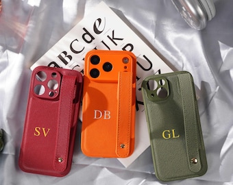 Custom Sage Green Leather iPhone Case with Wrist Strap, iPhone 17 & 17 Pro Case, iPhone 14–15–16 Compatible, Custom Name Gift for Her