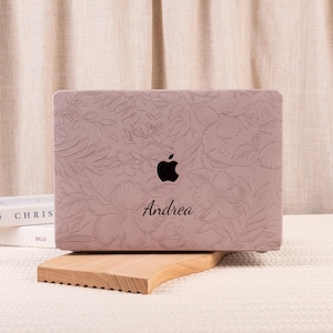 Personalized Embossed Purple Flower Leather Hard Case for MacBook M4 A3241 A3112 M3 Air 15 A3114 MacBook Pro 16 15 14 13, 2025 Laptop Case